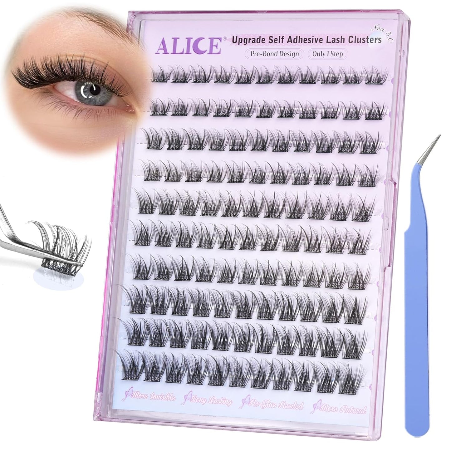 ALICE Self Adhesive Lashes Natural Look Clusters No Glue Needed Wispy Reusable Press on Lashes Pre-Glue 8-14mm 120pcs C Curl With Lash Tweezers-FemmiqueWomen
