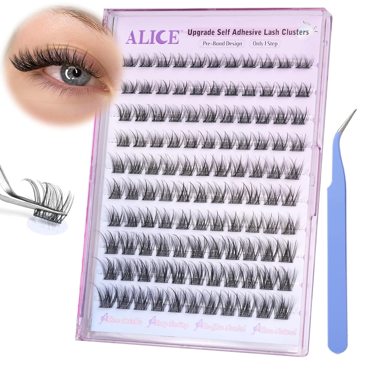 ALICE Self Adhesive Lashes Natural Look Clusters No Glue Needed Wispy Reusable Press on Lashes Pre-Glue 8-14mm 120pcs C Curl With Lash Tweezers-FemmiqueWomen