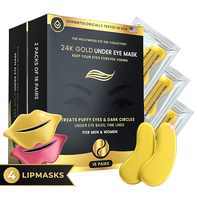32 Pairs 24K Gold Under Eye Patches with 4 pieces of Lip Mask, Anti-Aging Eye Mask, Under Eye Mask Dark Circles and Puffiness, Wrinkles Patches with Hydrogel, Collagen Eye Pad-FemmiqueWomen