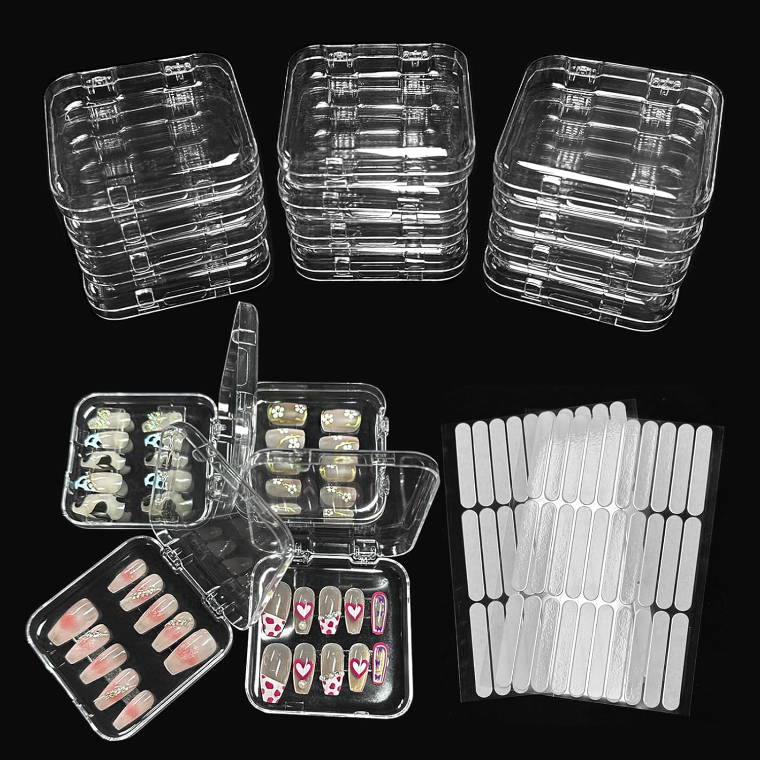 12pcs Press on Nail Storage Box with 60 Pcs Adhesive Double Sided Tape Acrylic Nail Display Box Artificial False Nail Box Organizer Fake Nail Case Transparent Nail Packaging Boxes for Nail Salon-FemmiqueWomen