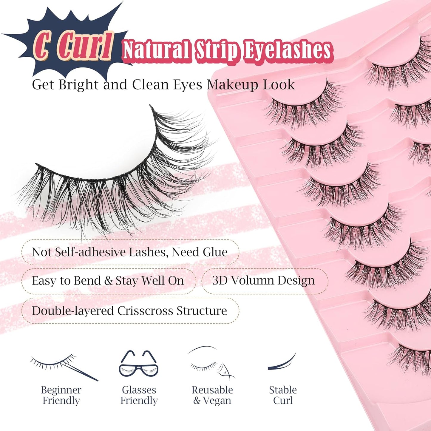 Lashes Natural Wispy Eyelashes 15mm Strip Lashes Pack False Eyelashes 0.1MM Thin Band C Curl Eye Lashes 3D Volume False Eyelashes Siligli Lashes 7 Pair-FemmiqueWomen