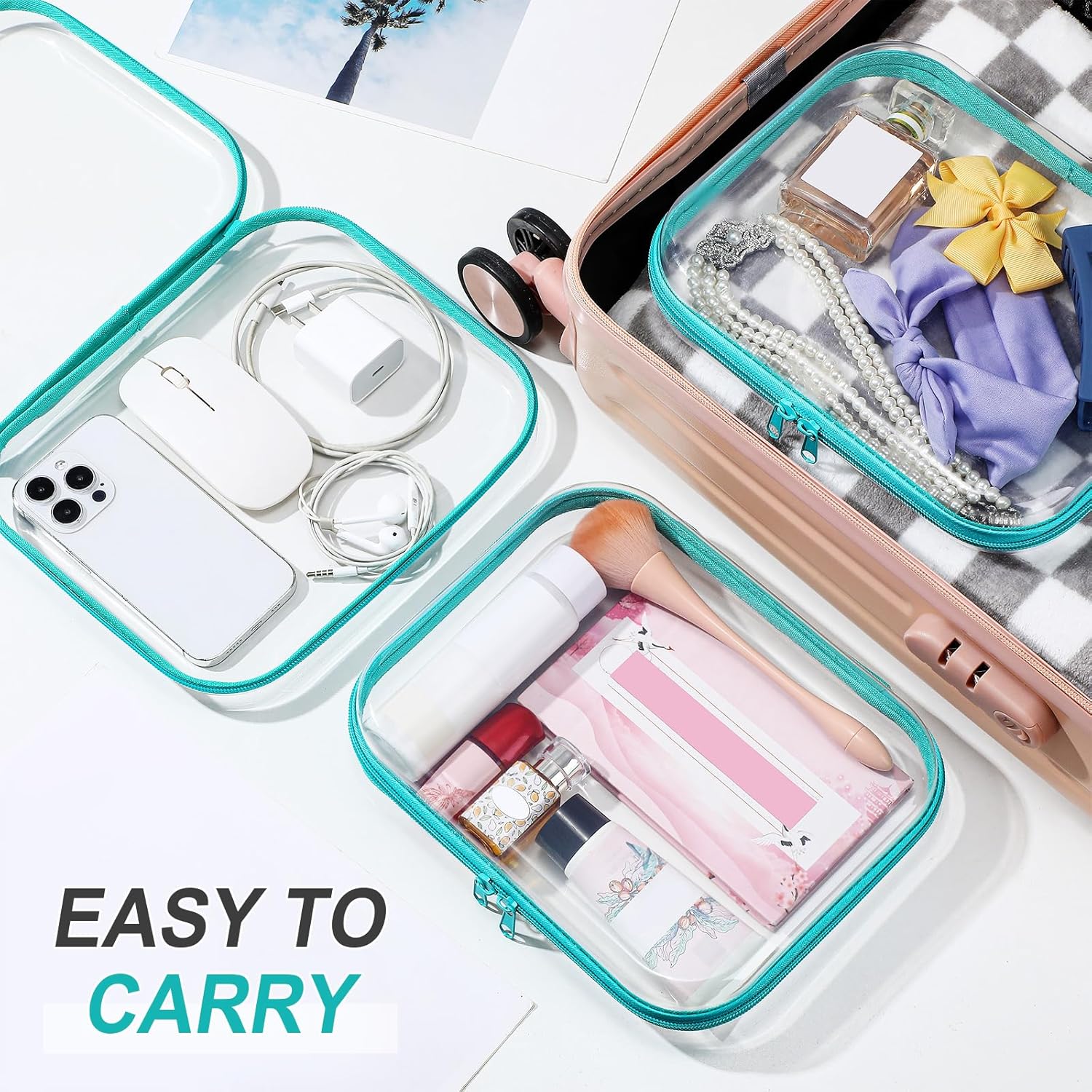 Sanwuta 6 Pcs Clear Hard Zipper Case Pencil Pouches Hard Plastic Zipper Pouches Makeup Bag Transparent Cases for Snacks Plastic Storage Organizer Box for Travel(Teal,9.84 x 7.87 x 2 Inch)-FemmiqueWomen