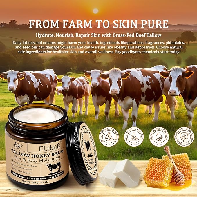 Whipped Tallow Cream for Face & Body - 100% Grass-Fed Beef Tallow, Natural Honey & Beeswax Moisturizer, Deep Hydration & Nourishment, Oil-Free & Unscented, Fast Absorbing-FemmiqueWomen