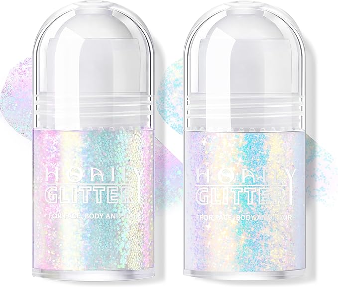 2 Colors Roll-on Body Glitter Gel, Holographic Glitter Gel Under Light for Face Hair, Body Shimmer for Rave Accessories Christmas New Year Halloween Makeup (8+12)-FemmiqueWomen