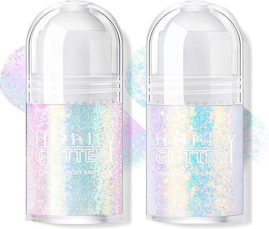 2 Colors Roll-on Body Glitter Gel, Holographic Glitter Gel Under Light for Face Hair, Body Shimmer for Rave Accessories Christmas New Year Halloween Makeup (8+12)-FemmiqueWomen