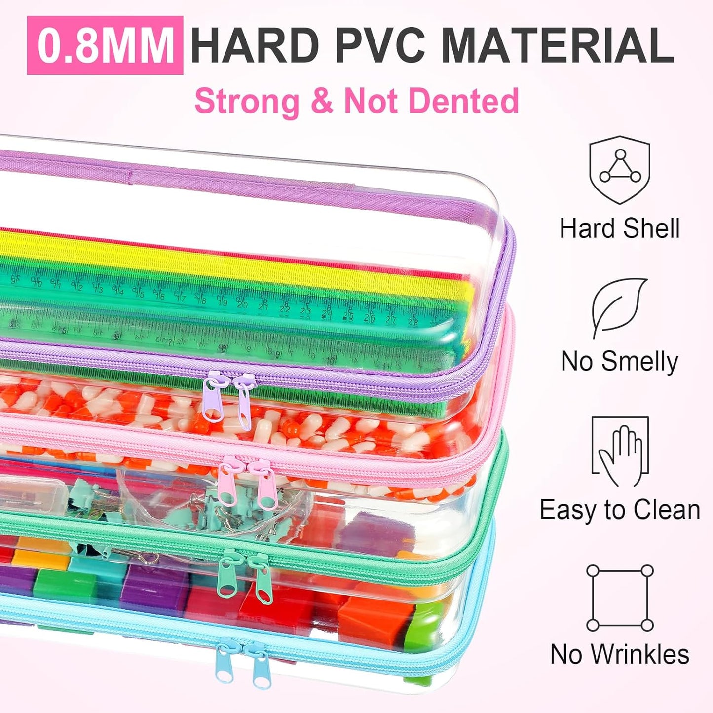 Hoolerry 4 Pcs Hard Clear Zipper Case Makeup Bags Plastic Pencil Pouch Transparent Storage Box Containers for Cosmetics, Snacks, Building Blocks, Puzzles(Pastel,13.2 x 4.7 x 2.4 in)-FemmiqueWomen