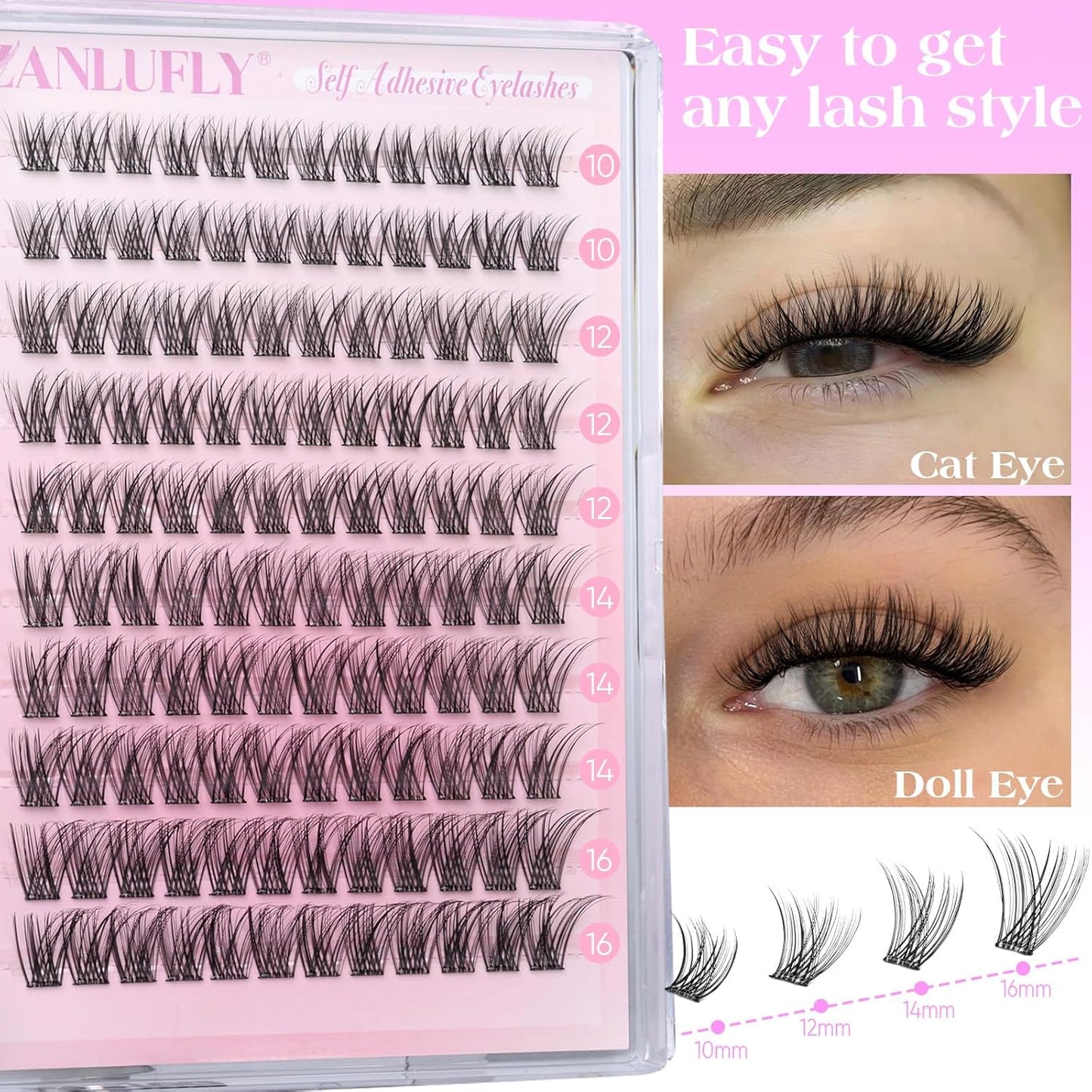 Self Adhesive Eyelashes Natural Self Adhesive Lash Clusters Pre-glued Eyelashes Clusters C-Curly No Glue Lashes Wispy Cluster Lashes 10-16MM DIY Individual Lashes by zanlufly-FemmiqueWomen