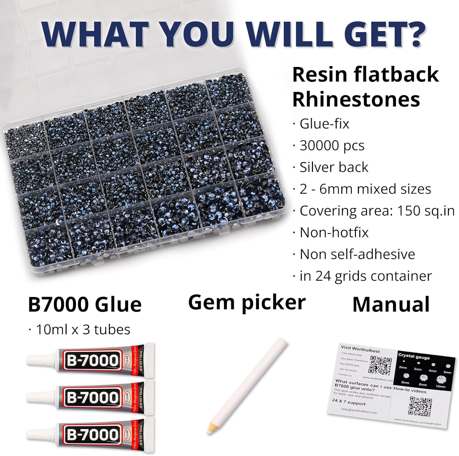 30000Pcs Resin Rhinestones Set for Crafting Bedazzling, Navy Flatback Gems Jewels for Crafts Clothes Shoes Fabric Outfit Nails Makeup, Flat Back Crystal 2-6mm with b 7000 Glue-FemmiqueWomen
