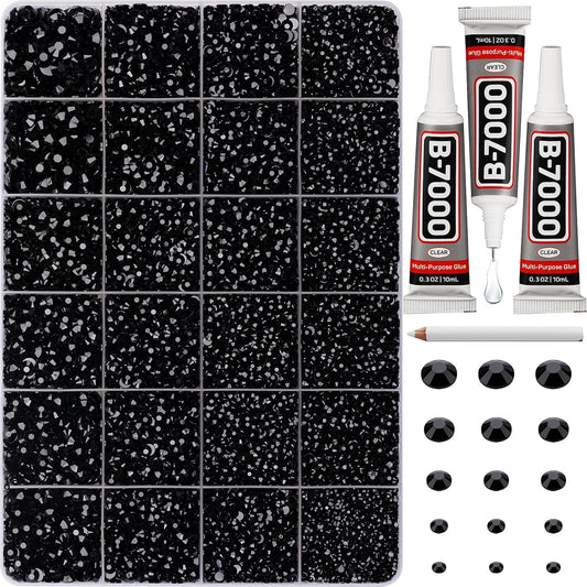 30000Pcs Resin Rhinestones for Crafting Bedazzling, Bulk Black Flatback Gems for Crafts Clothing Clothes Fabric Tumbler Sneakers, Bedazzle Flat Back Jewel Assorted Size SS6/10/16/20/30 with b7000 Glue-FemmiqueWomen