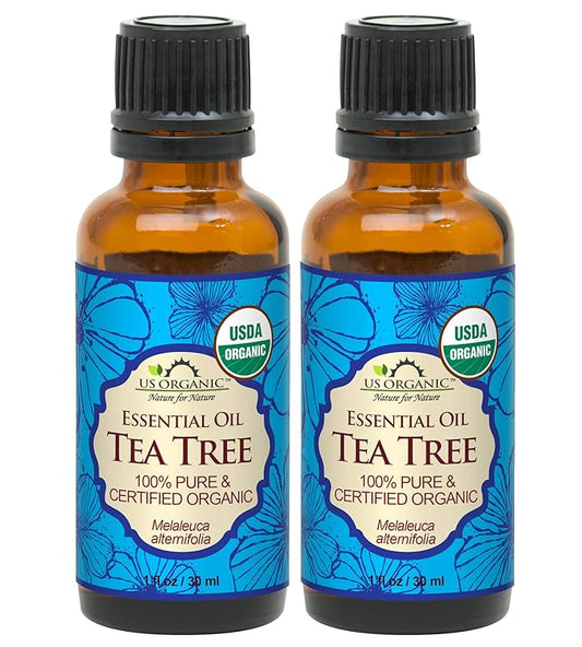 US Organic 100% Pure Tea Tree Essential Oil, Steam Distilled, USDA Certified Organic, for Hair, Skin, Scalp, Foot, Toenails, and Nail Polish - 30 ml, 2 Pack-FemmiqueWomen