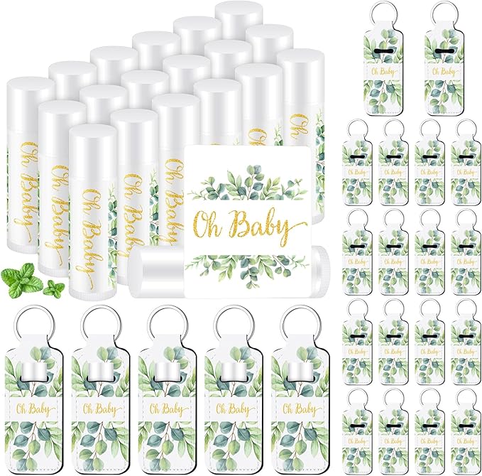18 Sets Baby Shower Bridal Shower Favors for Guests Bulk Lip Balm and Lipstick Holder Keychains Set Baby Shower Bridal Shower Goodies Bags Thank You Gifts for Guests(Eucalyptus Baby)-FemmiqueWomen