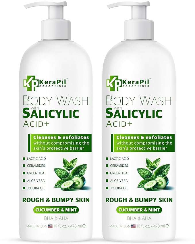 Exfoliating Body Wash with Salicylic Acid - No Dry Out, Gentle Exfoliates Rough and Bumpy Skin, Body Acne Wash, BHA & AHA - Cucumber and Mint Salicylic Acid Body Wash - (16 fl oz x 2)-FemmiqueWomen