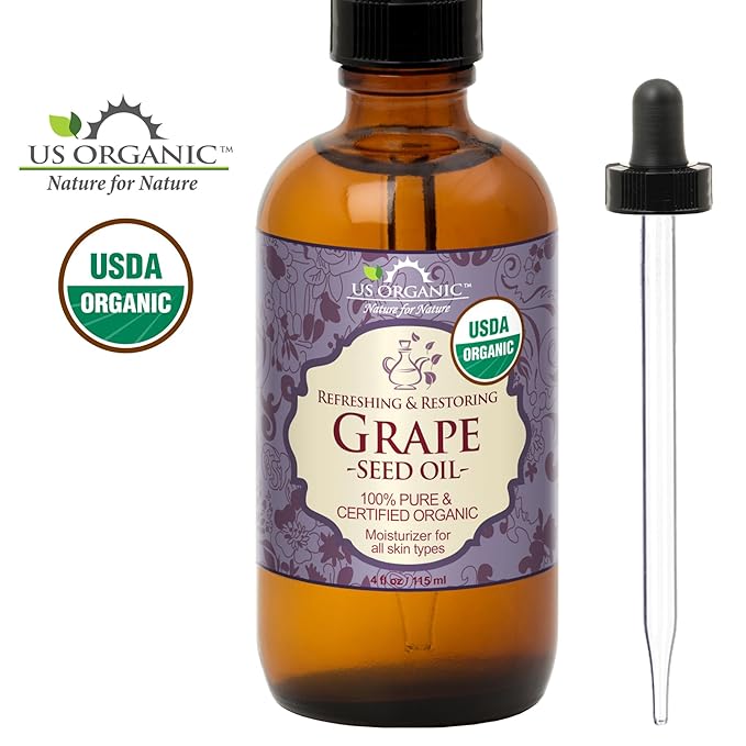 US Organic Grape Seed Oil, USDA Certified Organic, 100% Pure & Natural, Cold Pressed Virgin, Unrefined, in Amber Glass Bottle w/Glass Eye dropper for Easy Application (4 oz (115 ml))-FemmiqueWomen