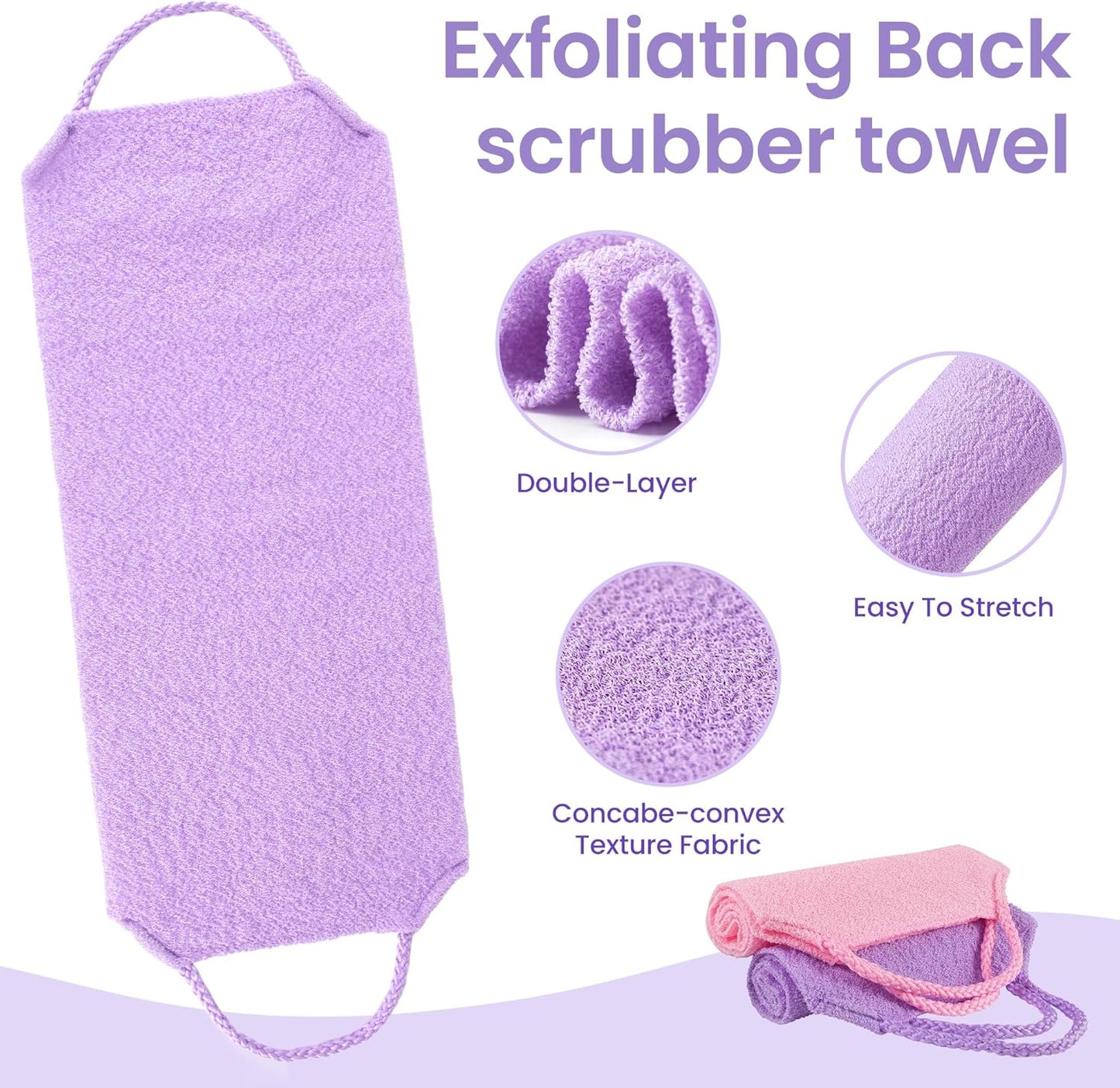 3 Pcs Double-Sided Back Exfoliator Body Scrub Towel, Exfoliating Back Scrubber with Handles,Exfoliating Washcloth Bath Tool in Shower, Stretchable Back Washer to Deep Cleans Skin (Purple)-FemmiqueWomen