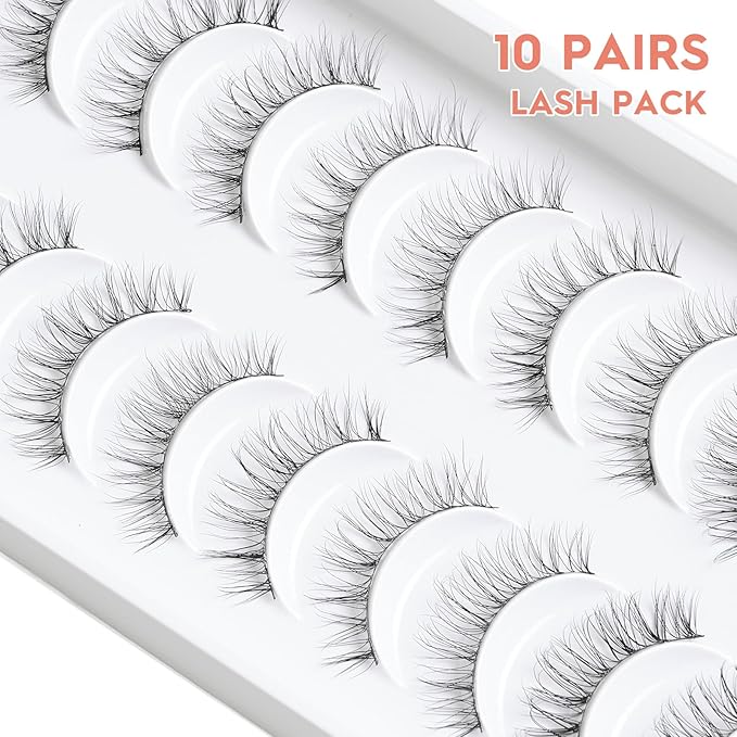 Natural Lashes Wispy False Eyelashes 10mm Short Lashes 3D Volume Strip Lashes Fake Eyelashes Siligli Lashes Thin Band Curly Eye Lashes Pack 10 pair-FemmiqueWomen