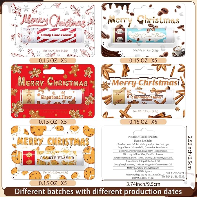 25 Pcs Christmas Lip Balms Stocking Goodie Bags Stuffers Bulk Xmas Gifts Candy Hot Cocoa Cookie Cinnamon Gingebread Biscuits Flavor 5 Style Holiday Treat Small Gifts Party Supplies-FemmiqueWomen