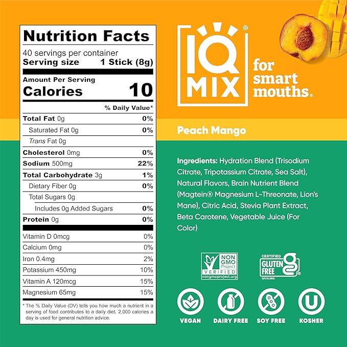 IQMIX Hydration Electrolyte Powder – 4-in-1 Formula for Hydration, Mental Clarity, Mood and Recovery – Sugar-Free Drink Mix, Keto, Magnesium L-Threonate, Lion’s Mane – 40 Count Peach Mango-FemmiqueWomen