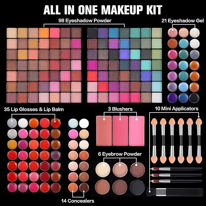 177 Colors Professional Makeup Kit for Women Girls Full Kit Gift Set with Mirror All in One Make up Palette Included Eyeshadow Powder Eye Shadow Gel Lip Gloss Concealer Eyebrow Powder Blush Brushes-FemmiqueWomen