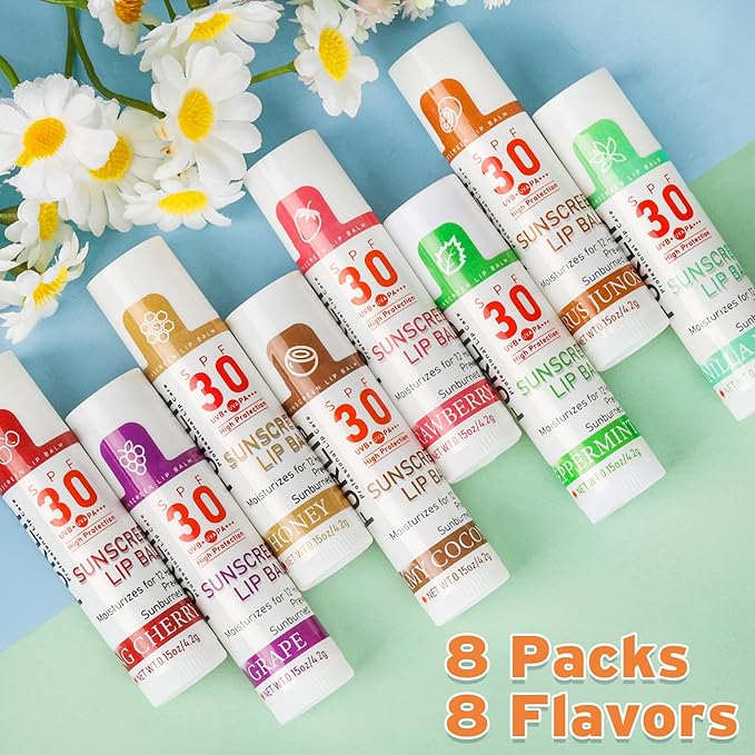 SPF 30 Lip Balm with Sunscreen 8 Pack, Bulk Sunscreen Lip Balm Travel Size, Hydrating Lip Balm with Vitamin E and Coconut Oil- 8 Flavors-FemmiqueWomen