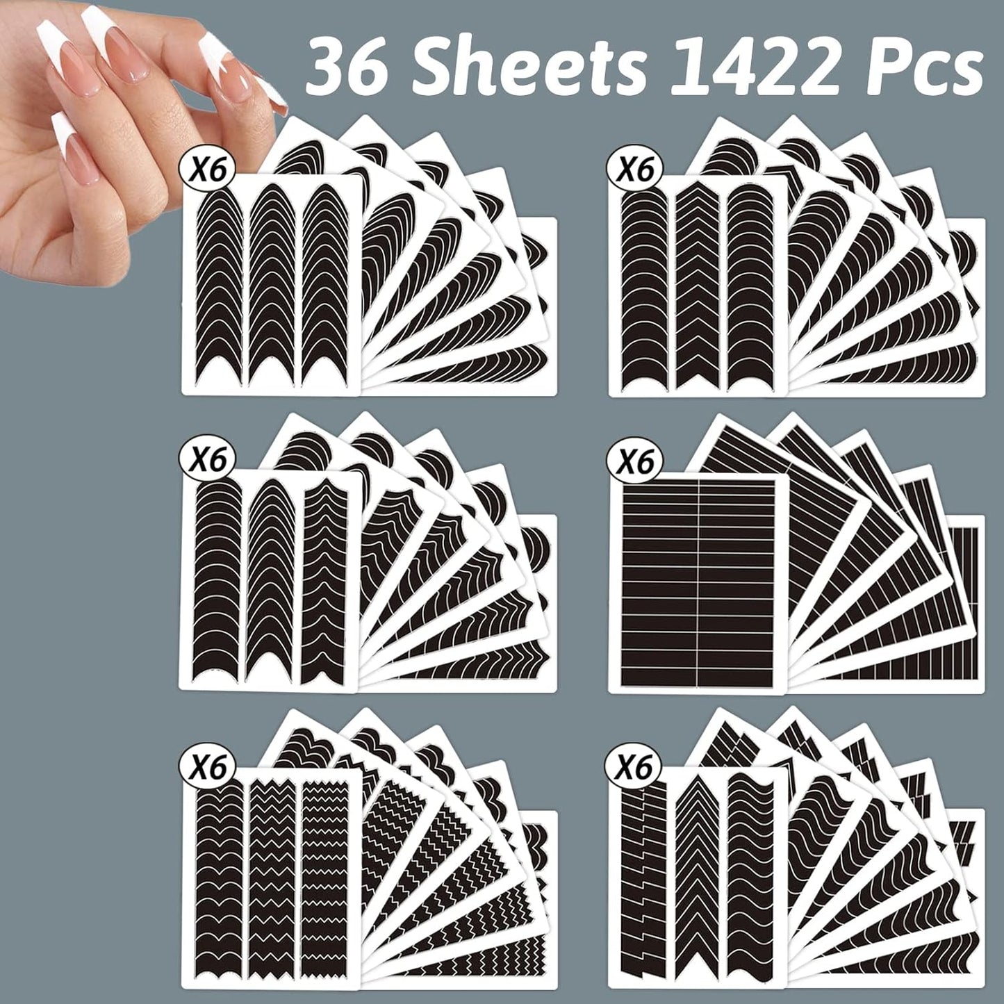 1422 Pcs French Tip Nail Guides, Self-Adhesive French Moon Shaped V-Shaped Manicure Strip Stickers for Edge Auxiliary Black DIY Decoration Stencil Tools(11 Designs, 36 Sheets)-FemmiqueWomen