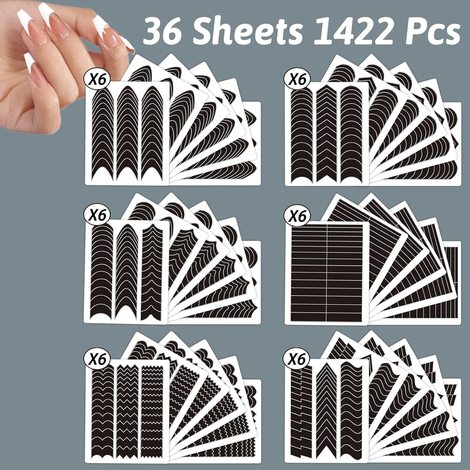 1422 Pcs French Tip Nail Guides, Self-Adhesive French Moon Shaped V-Shaped Manicure Strip Stickers for Edge Auxiliary Black DIY Decoration Stencil Tools(11 Designs, 36 Sheets)-FemmiqueWomen