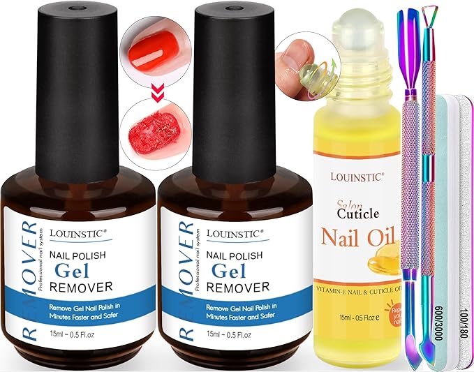 2PCs Gel Nail Polish Remover - 30ML,Fast & Easy, with Roller Cuticle Oil, No Need to Wrap and Soak, Remove Gel Polish in 2-5 Minutes at Home, No Damage to Nails, with Cuticle Pusher Tool,Nail File-FemmiqueWomen