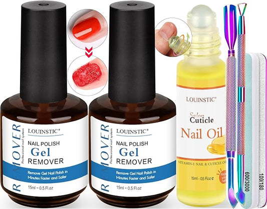 2PCs Gel Nail Polish Remover - 30ML,Fast & Easy, with Roller Cuticle Oil, No Need to Wrap and Soak, Remove Gel Polish in 2-5 Minutes at Home, No Damage to Nails, with Cuticle Pusher Tool,Nail File-FemmiqueWomen