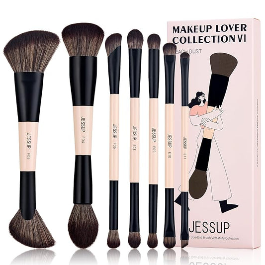Jessup Makeup Brushes Set 7pcs Double Sided Makeup Brushes for Foundation Concealer Blush Eyeshadow Contour Bronzer Powder Blending Eyebrow Eyeliner, Cruelty-Free Make up Brushes Peach Dust T600-FemmiqueWomen