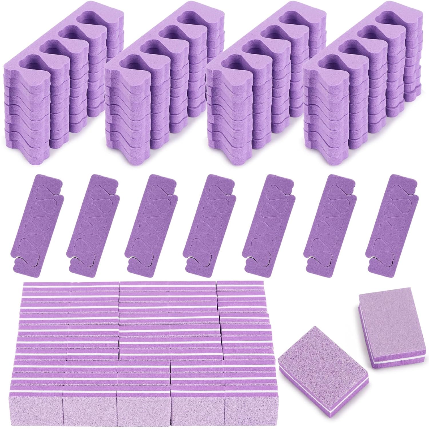 102pcs Toe Separators Set - Premium Pedicure Tool Super Soft Pedicure Toe Separator- Mini Nail Buffer Block File 80/100 Grit 2 Sided, Purple-FemmiqueWomen