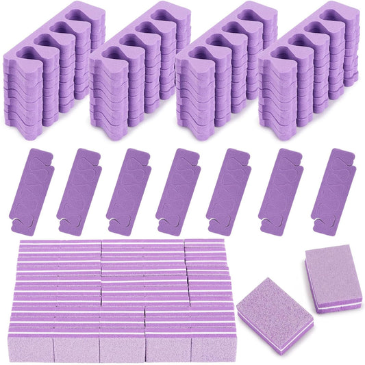 102pcs Toe Separators Set - Premium Pedicure Tool Super Soft Pedicure Toe Separator- Mini Nail Buffer Block File 80/100 Grit 2 Sided, Purple-FemmiqueWomen