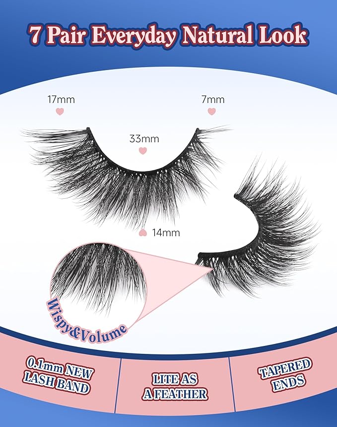 Lashes Cateye Wispy False Eyelashes Volume Flared Mink Eyelash Strip Lashes Soft Cat Eye Lash Natural Pack 7 Pairs Everyday 17MM D74-FemmiqueWomen