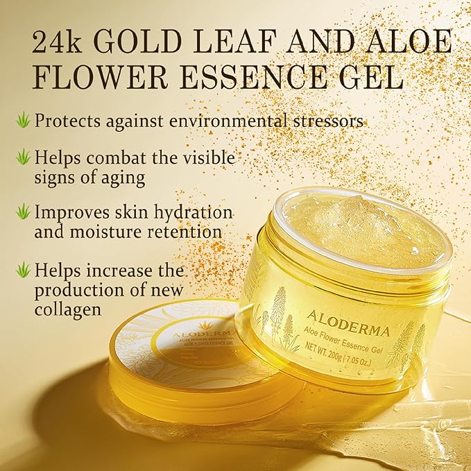 Aloderma Age-Defying Aloe Flower Essence Gel with 24K Gold Leaf, Made within 12 Hours of Harvest - Luxurious Aloe Gel with Allantoin & Hyaluronic Acid for a Shimmering, Youthful Complexion, 7oz 3-Pack-FemmiqueWomen