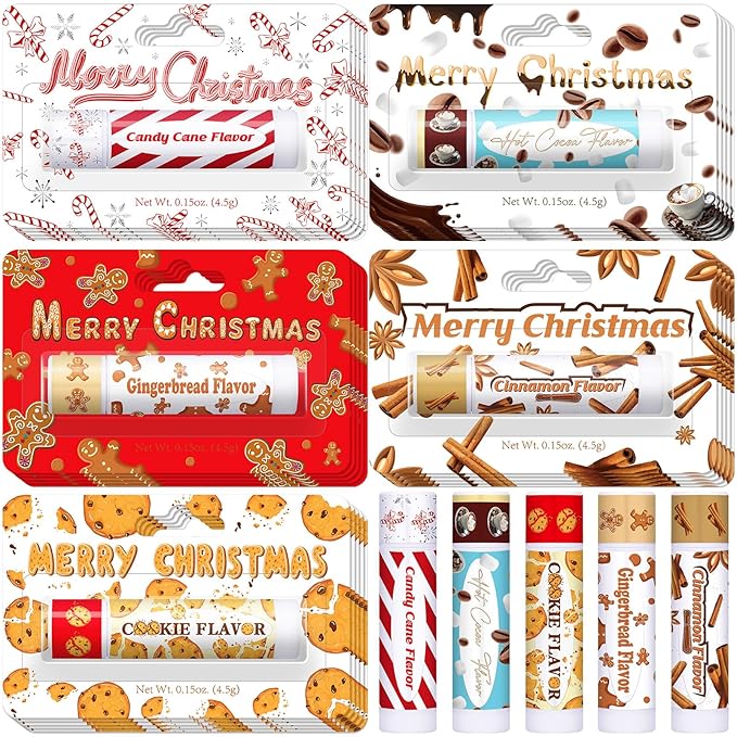 25 Pcs Christmas Lip Balms Stocking Goodie Bags Stuffers Bulk Xmas Gifts Candy Hot Cocoa Cookie Cinnamon Gingebread Biscuits Flavor 5 Style Holiday Treat Small Gifts Party Supplies-FemmiqueWomen