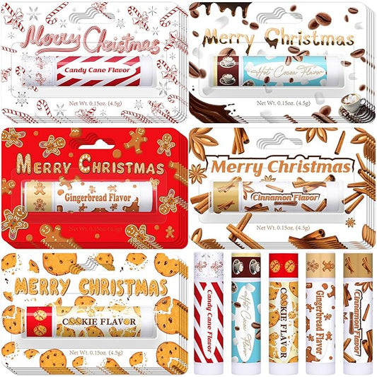 25 Pcs Christmas Lip Balms Stocking Goodie Bags Stuffers Bulk Xmas Gifts Candy Hot Cocoa Cookie Cinnamon Gingebread Biscuits Flavor 5 Style Holiday Treat Small Gifts Party Supplies-FemmiqueWomen