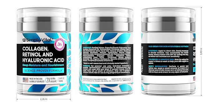 SimplyVital Collagen, Retinol & Hyaluronic Acid Cream - Anti-Aging Retinol Cream for Face, Neck & Décolleté - Made in USA - Daily Moisturizer Face Cream - 3.38 fl oz-FemmiqueWomen
