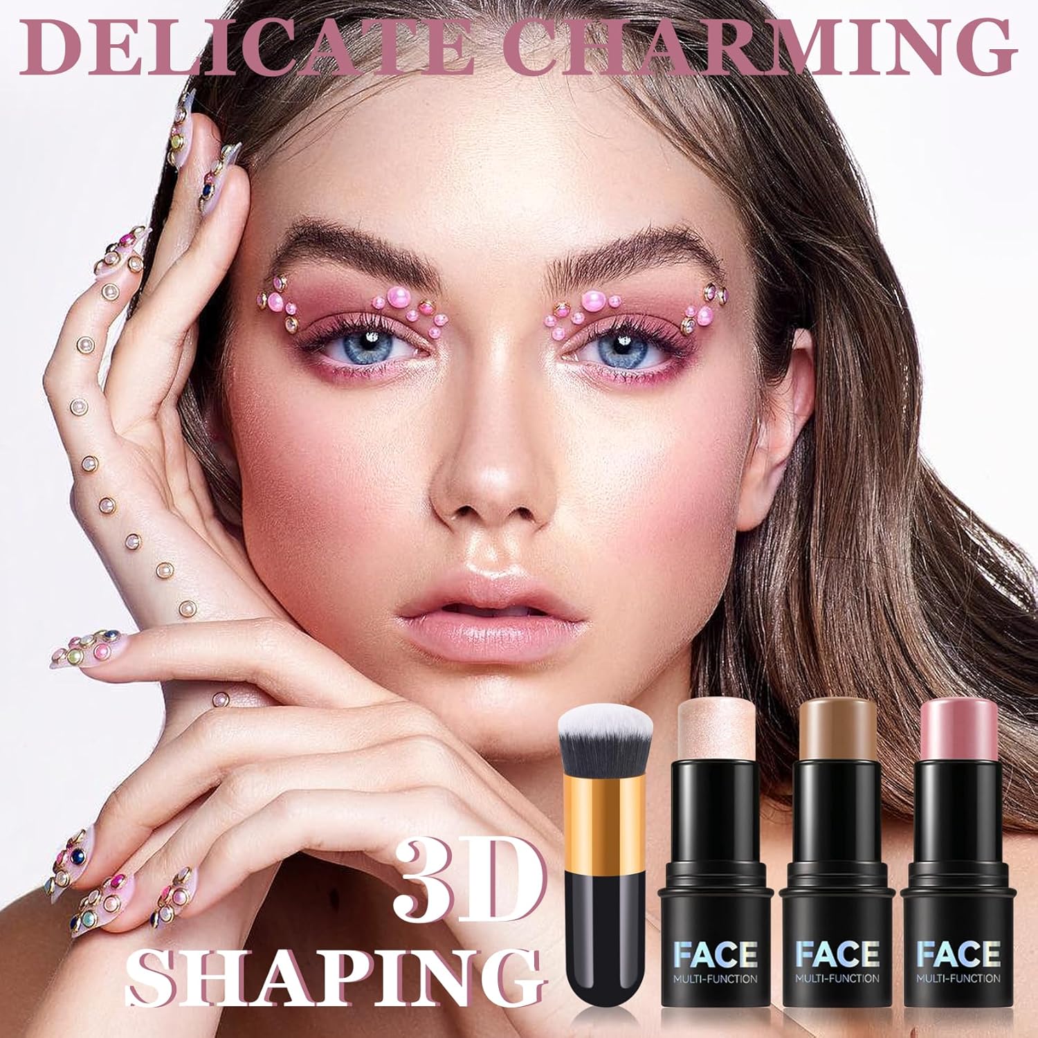 3Pcs Cream Contour Stick Makeup Kit with Makeup Brush,Shades with Highlighter,Brush Stick,Cream Bronzer for Sculpt the Cheeks,Long-lasting Waterproof Lightweight Contour Set-FemmiqueWomen