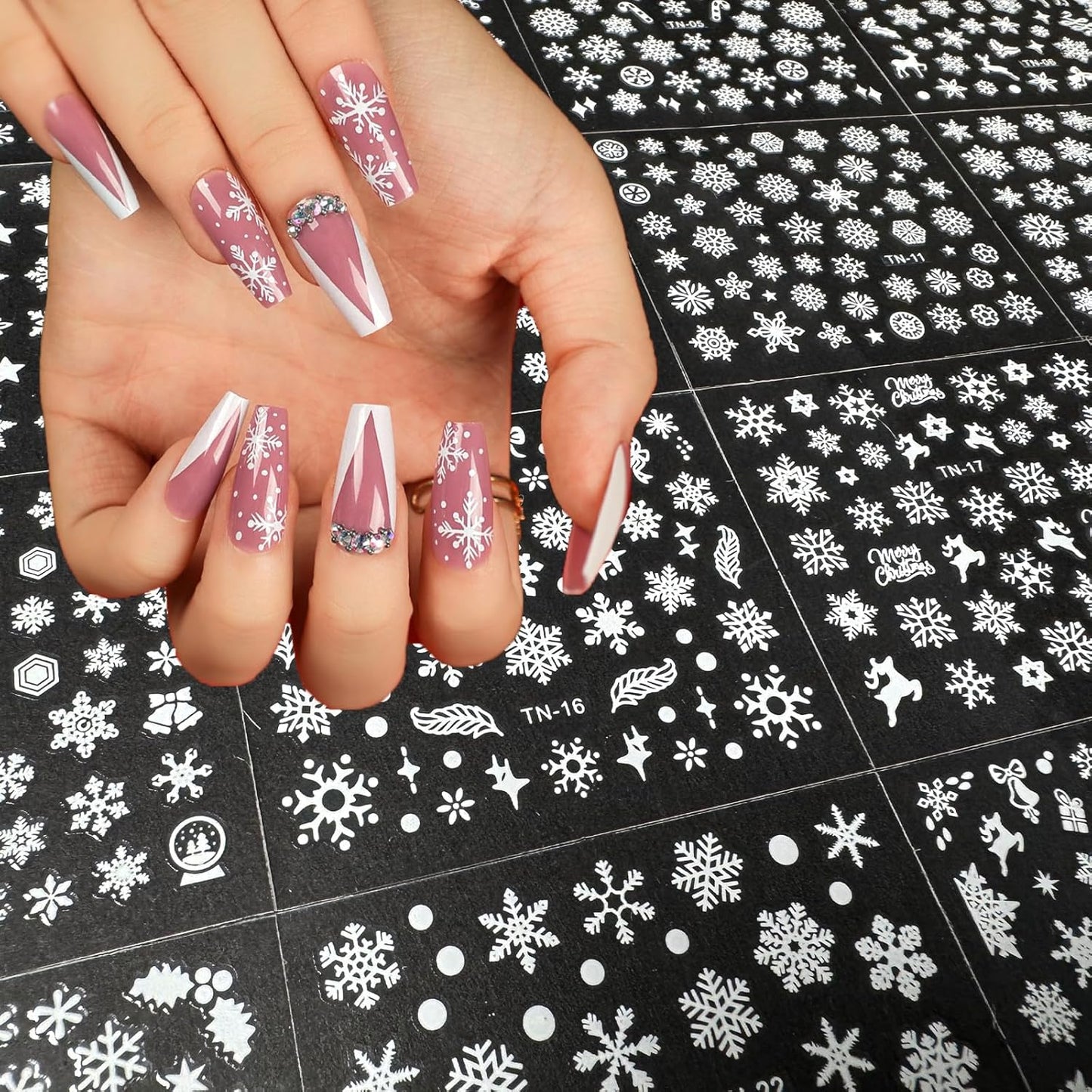 30 Sheets Christmas Nail Art Stickers 3D Self-Adhesive Snowflake Holiday Nail Stickers White Snowmen Santa Claus Elk Decals Decorations Supplies for Women (Snowflake)-FemmiqueWomen