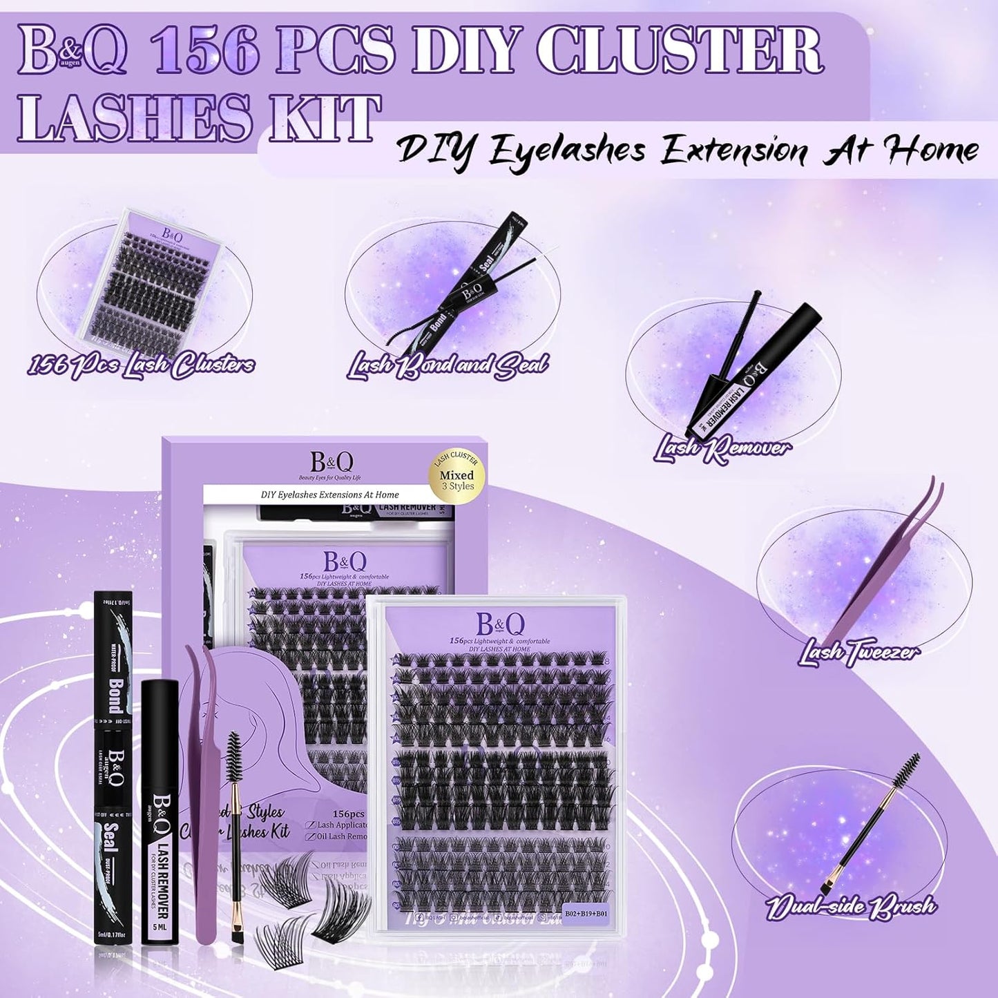 B&Qaugen Lash Clusters 156PCS Lash Clusters Kit B01+B02+B19 DIY Lash Extension Kit Eyelash Extension Kit 8-18mm Wispy Lashes Clusters with Lash Bond & Seal Lash Applicator Tool for DIY (Andromeda)-FemmiqueWomen