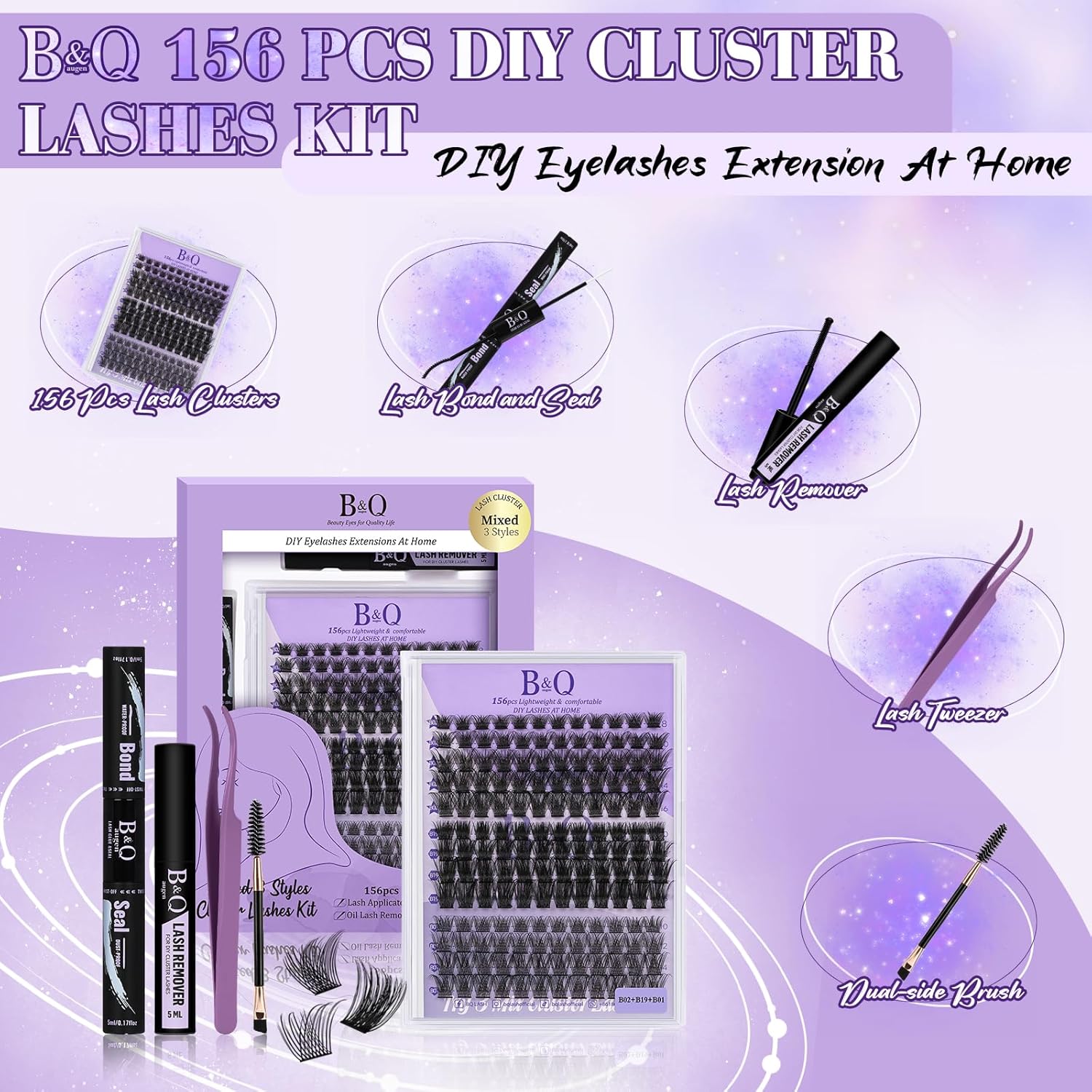B&Qaugen Lash Clusters 156PCS Lash Clusters Kit B01+B02+B19 DIY Lash Extension Kit Eyelash Extension Kit 8-18mm Wispy Lashes Clusters with Lash Bond & Seal Lash Applicator Tool for DIY (Andromeda)-FemmiqueWomen