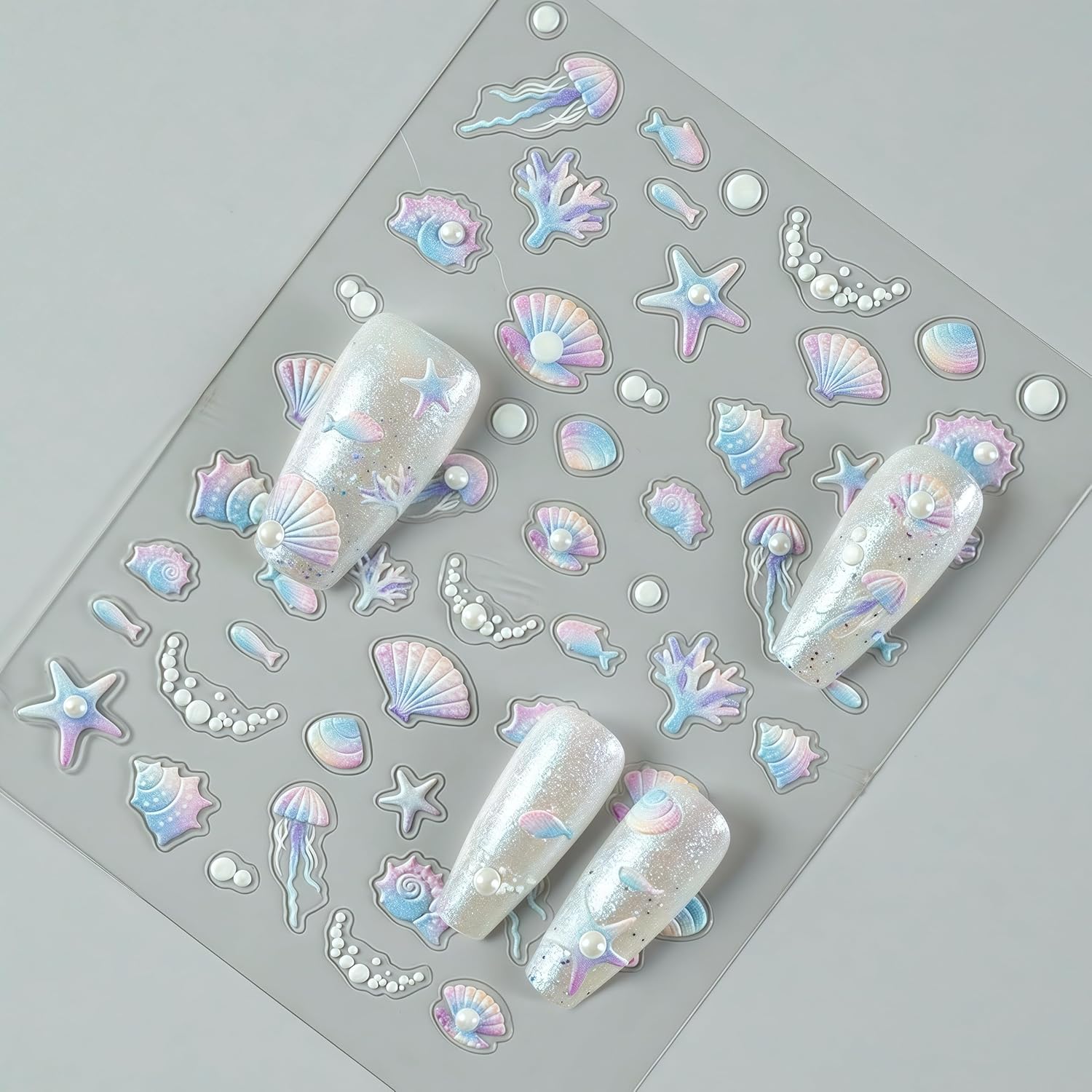 1 Sheets Embossed Shell Starfish Nail Art Stickers 5D Self Adhesive Summer Marine Life Fishtail Pearl Decals for Women Girls Manicure DIY Decorations Exquisite Cardboard Set-FemmiqueWomen