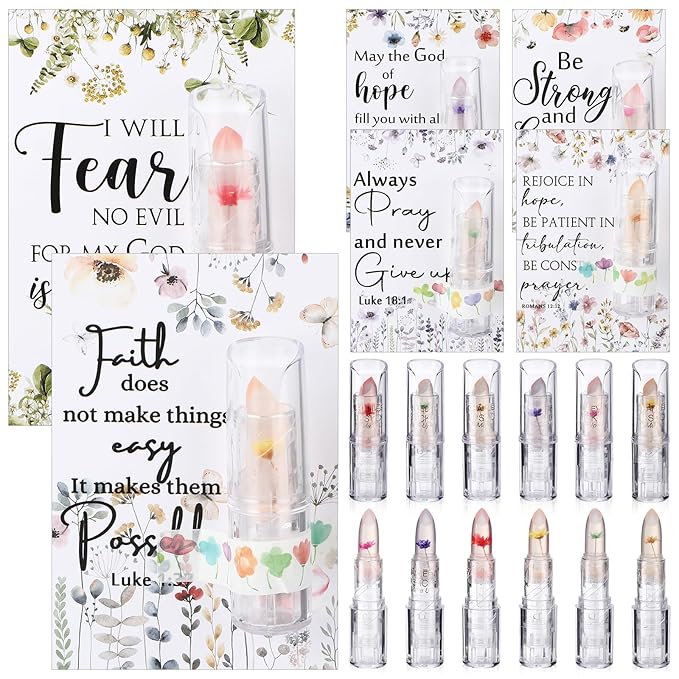 12 Sets Christian Lip Balms with Inspirational Bible Verse Card Bulk Gifts for Women Flower Sign Taste Lip Balm with Tag for Employee Coworker Teacher Family Church Wedding Favor-FemmiqueWomen