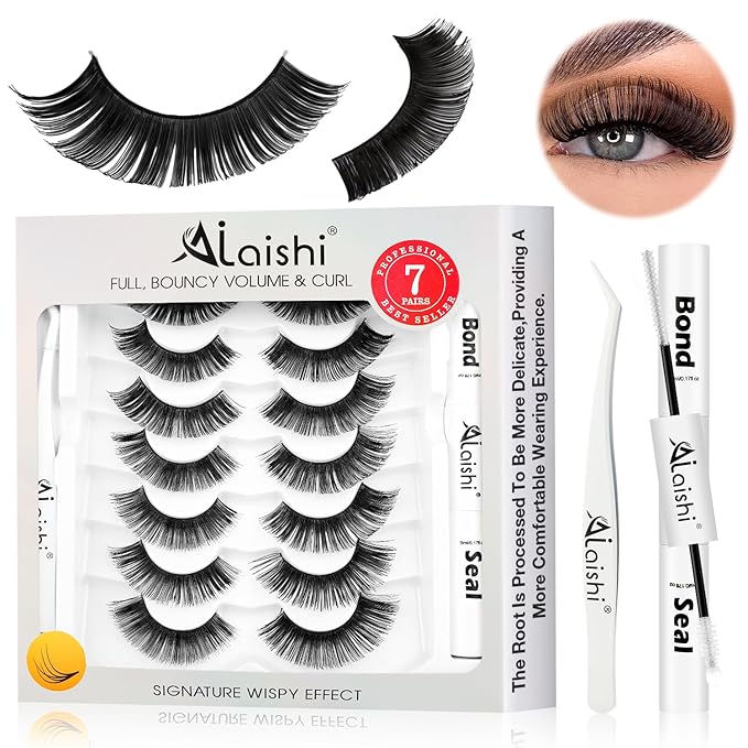 Fluffy False Eyelashes Kit With Bond, Seal and Tweezer, 7 Pairs Natural Look Fake Cat Eye Lashes Strips Thin Band Extensions Waterproof Easy Eyelashes for Beginners DF100-FemmiqueWomen