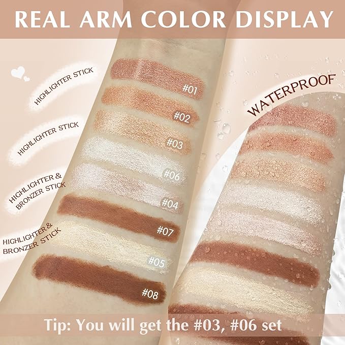 2 Pcs Cream Contour Stick Makeup Kit, Cream Highlighter Stick & Contour Bronzer Stick for Cheeks, Lightweight Blendable Smooth -Highlighter (#03 Champagne Gold #06 Silver)-FemmiqueWomen