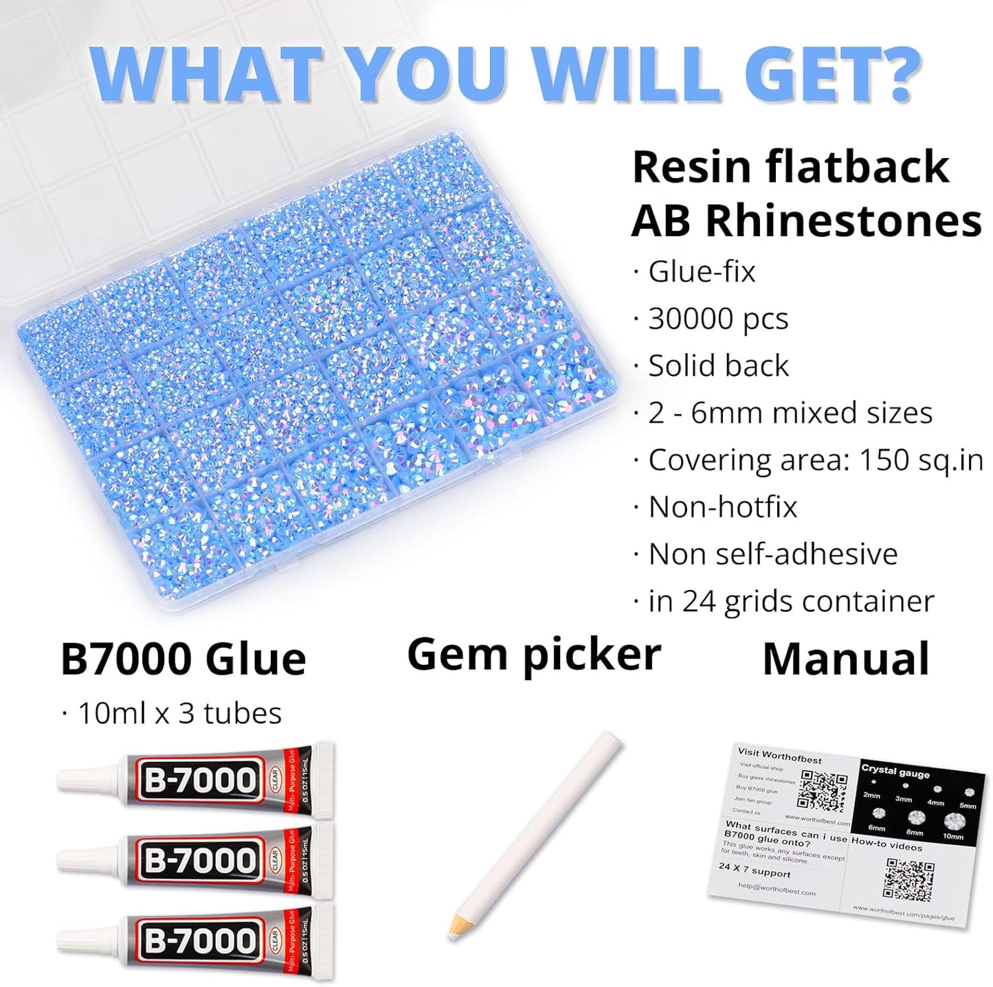 30000Pcs Resin Jelly Rhinestones Set for Crafting Bedazzling, Baby Blue AB Flatback Gems Jewels for Crafts Clothes Shoes Fabric Outfit Nails Makeup, Flat Back Crystal 2-6mm with b 7000 Glue-FemmiqueWomen