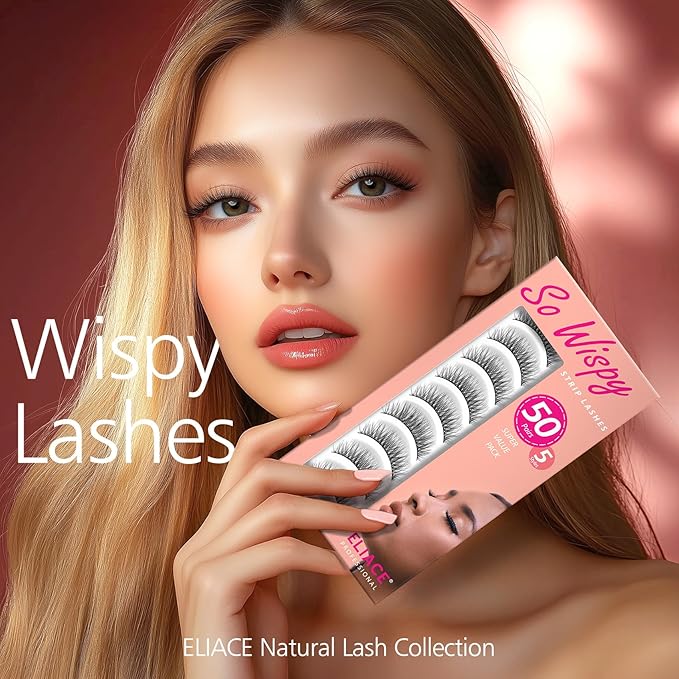 Eliace Luxurious 50 Pairs 5 Styles Cat Eye Lashes Wispy False Eyelashes Natural look 3D Mink Lashes Fake Eyelashes Kit, Thin Soft Band Comfortable Fluffy Volume Cross Strip Lash, with Lash Tweezers-FemmiqueWomen