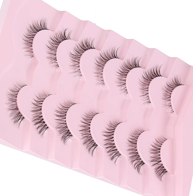 Cat Eyelashes Natural Eye Lashes 12mm False Lashes Wispy Thin Band 3D Volume Fake Eyelash C Curl Lash Pack Natural Look 7 Pair-FemmiqueWomen