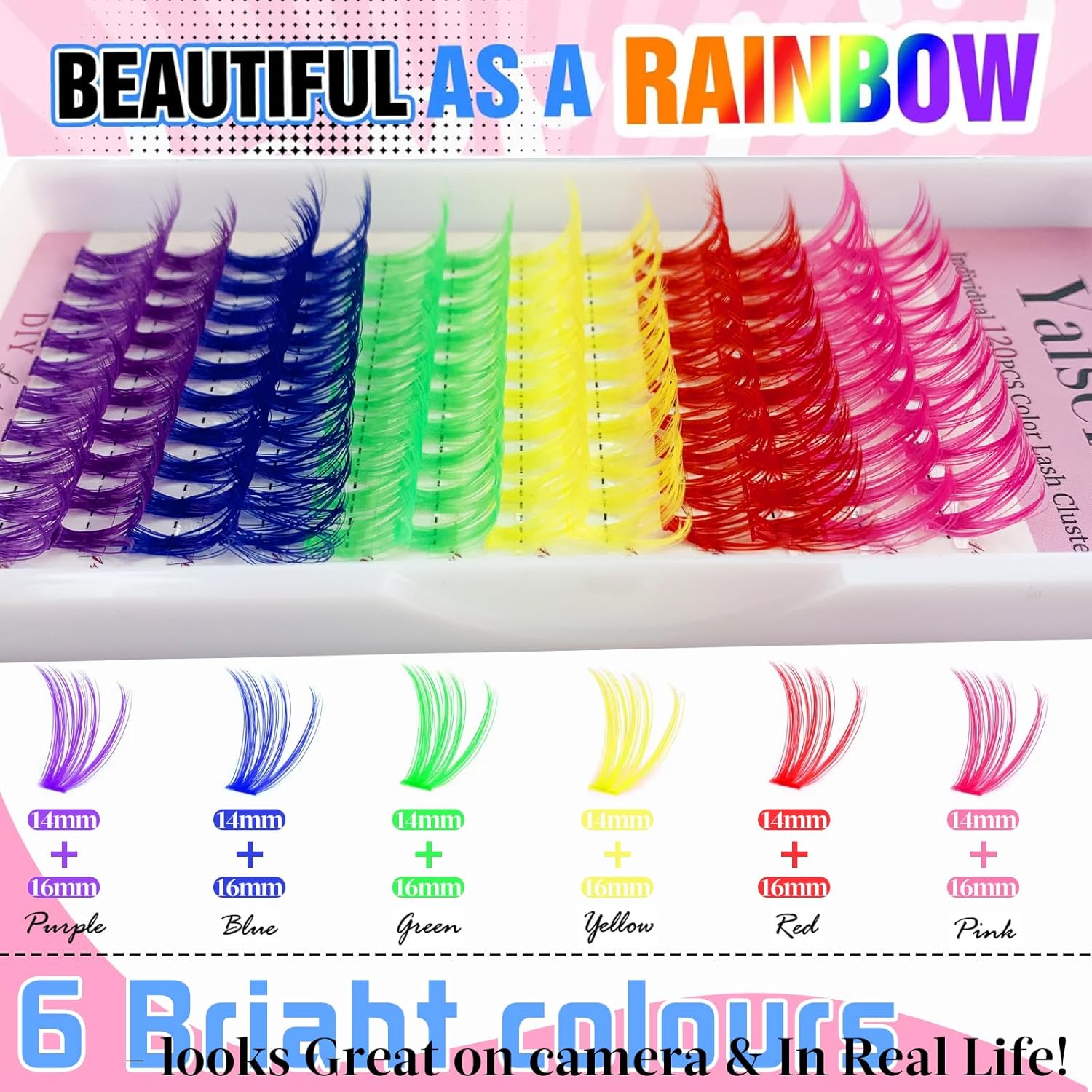 Eyelash Extension Kit Colored Lash Clusters Lash Extension Kit 6 Colors Rainbow Lash Clusters with Bond and Seal and Applicator Colorful Lash Extensions 14mm&16mm D Curl Lashes Cluster by Yaiseiko-FemmiqueWomen