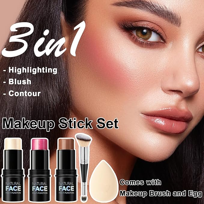 3Pcs Cream Contour Stick Makeup Kit, Shades with Highlighter Stick, Blush Stick and Bronzer Contour Stick for Sculpt the Cheeks, Long Lasting, Waterproof, Matte & Dewy Finish (LIGHT)-FemmiqueWomen