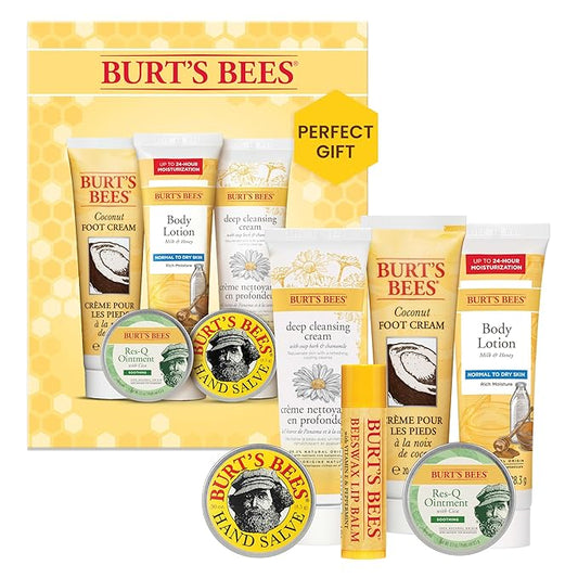 Burt's Bees Back to School Gifts Ideas, 6 College Dorm Products, Timeless Minis Set – Beeswax Lip Balm, Coconut Foot Cream, Milk & Honey Body Lotion, Deep Cleansing Cream, Res-Q Ointment & Hand Salve-FemmiqueWomen