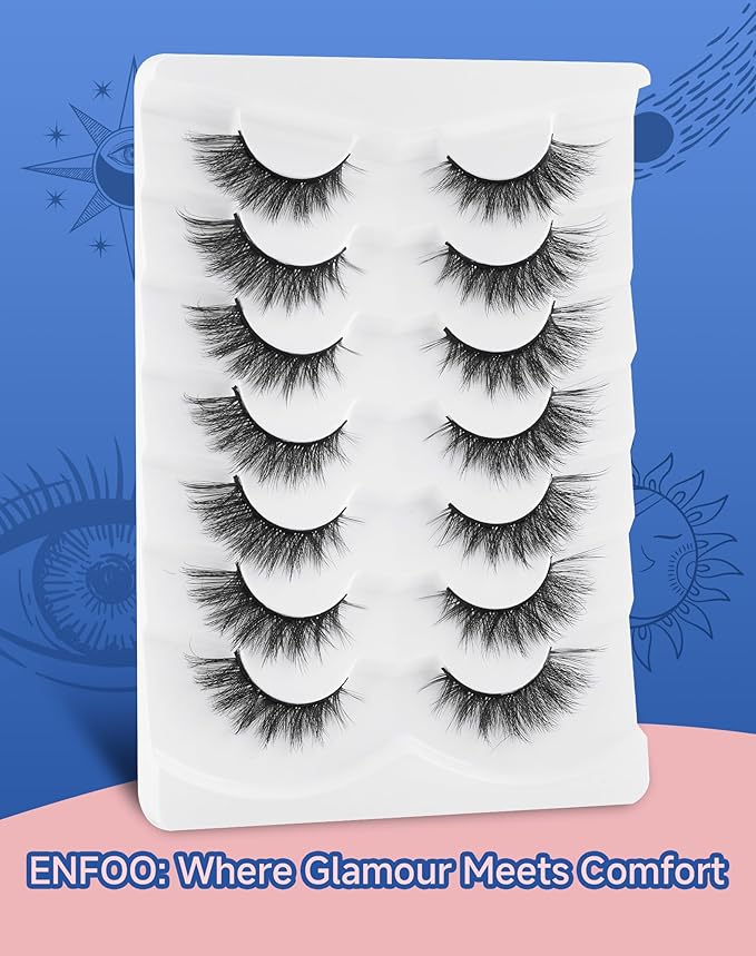 Lashes Cateye Wispy False Eyelashes Volume Flared Mink Eyelash Strip Lashes Soft Cat Eye Lash Natural Pack 7 Pairs Everyday 17MM D74-FemmiqueWomen